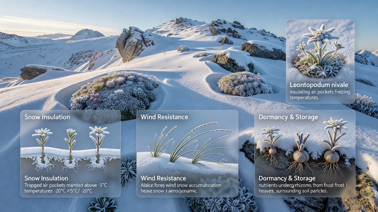 Close-up of alpine plant leaves with protective hairs and snow crystals on a windswept ridge