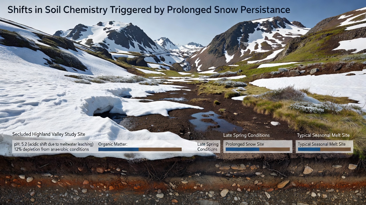 Close-up view of highland soil profile with snowmelt channels highlighting mineral weathering features and chemical deposits